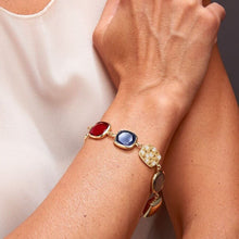 Carica l'immagine nel visualizzatore di Gallery, Bracciale gioiello Caramelle Reverse con saponetta quadrata, paste vitree grigio perla, rosso fucsia e blu satinato taglio antico e reverse pavè grande
