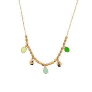 Collana AQUAFORTE Mignon con catena e centrale di elementi a dado, con charm di saponette lucide e pietre ovali sui toni del verde