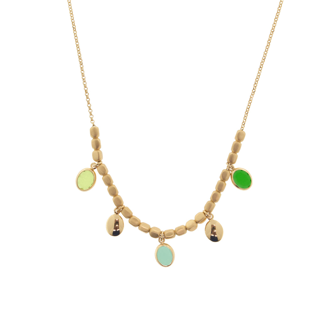 Collana AQUAFORTE Mignon con catena e centrale di elementi a dado, con charm di saponette lucide e pietre ovali sui toni del verde