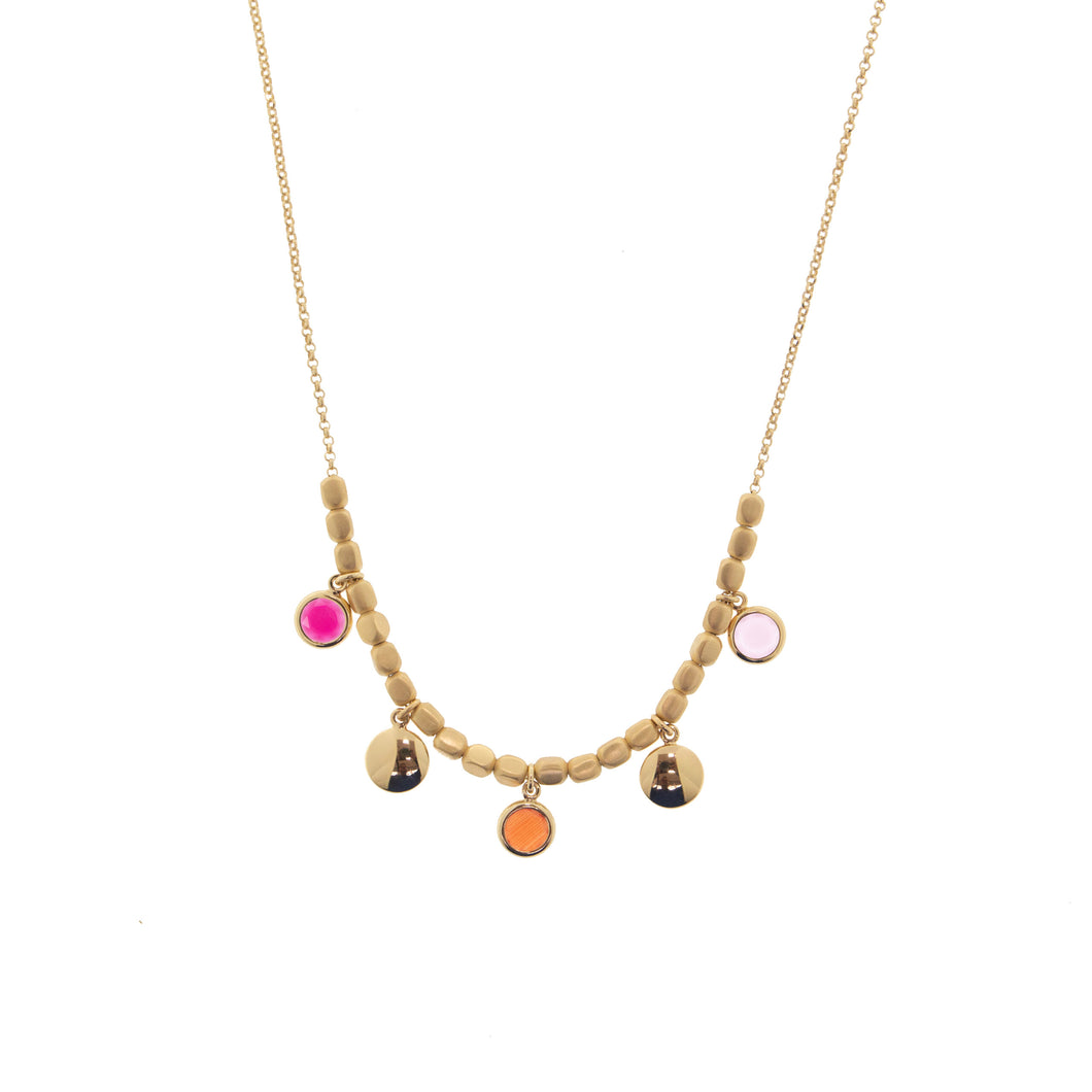 Collana AQUAFORTE Mignon con catena e centrale di elementi a dado con charm di saponette lucide e pietre tonde sui toni del rosso