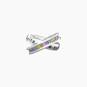 Anello kidult con frase amica e cristalli multicolor