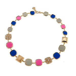 Collana gioiello girocollo Caramelle Reverse con saponette quadrate, paste vitree grigio perla, rosso fucsia e blu satinato taglio antico due reverse pavè grandi