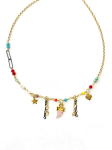 Collana Sacramore argento dorato con zanna rosa e pendenti